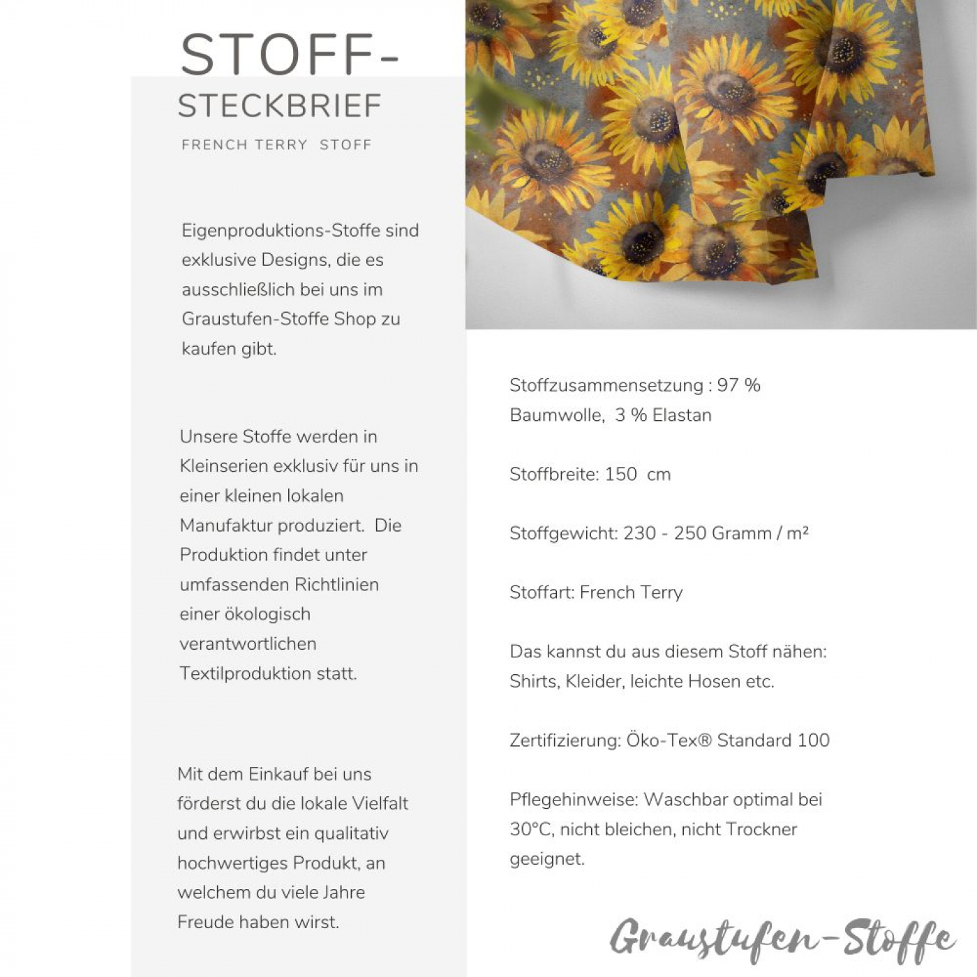 French Terry mit Sonnenblumen. Jetzt online kaufen bei Graustufen-Stoffe.